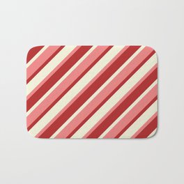 [ Thumbnail: Red, Beige, and Light Coral Colored Lined Pattern Bath Mat ]