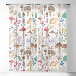 Watercolor forest mushroom illustration and plants Sheer Curtain