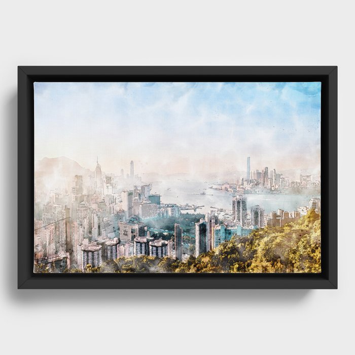 Hong Kong City skyline painting / drawing/ Illustration Framed Canvas