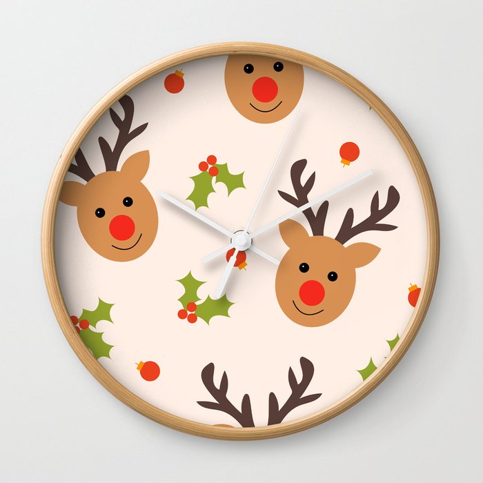 Christmas Reindeer, Holly and Ornaments Wall Clock