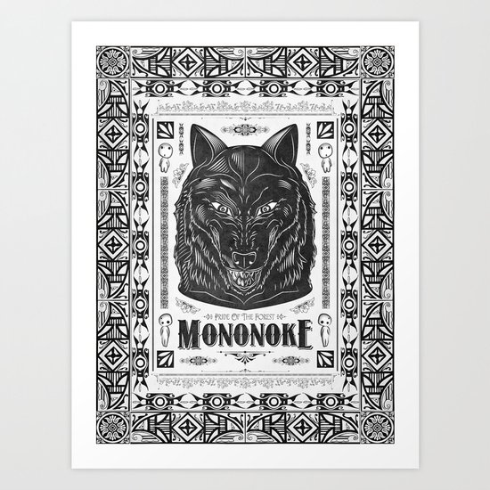 Mononoke Hime Wolf Pride Letterpress Line Work Art Print