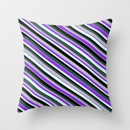[ Thumbnail: Eye-catching Dark Slate Gray, Grey, Purple, Light Cyan, and Black Colored Lines Pattern Throw Pillow ]
