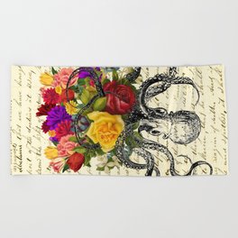 Octopus Attacking Flowers Beach Towel