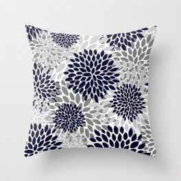 Abstract, Floral Prints, Navy Blue and Grey Throw Pillow