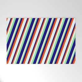 [ Thumbnail: Light Green, Blue, Red & Mint Cream Colored Stripes Pattern Welcome Mat ]