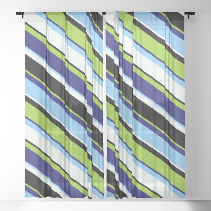 Colorful Green, Midnight Blue, Light Sky Blue, Mint Cream, and Black Colored Lined/Striped Pattern Sheer Curtain