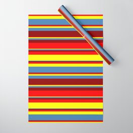 [ Thumbnail: Red, Yellow, Blue & Dark Red Colored Stripes/Lines Pattern Wrapping Paper ]