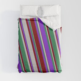 [ Thumbnail: Purple, Maroon, Light Gray, and Sea Green Colored Stripes Pattern Duvet Cover ]