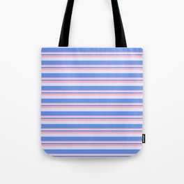 [ Thumbnail: Cornflower Blue, Light Pink & Lavender Colored Stripes Pattern Tote Bag ]