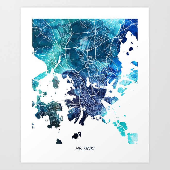 Helsinki Finland Map Navy Blue Turquoise Watercolor City Map Art Print