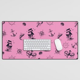 Pink And Blue Silhouettes Of Vintage Nautical Pattern Desk Mat