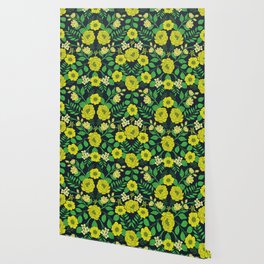 Kelly Green, Navy Blue, Lime & Yellow Floral Pattern Wallpaper
