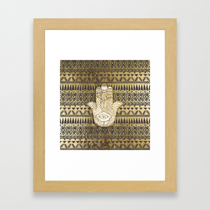 Faux Print Gold Hamsa Hand and Tribal Aztec Framed Art Print
