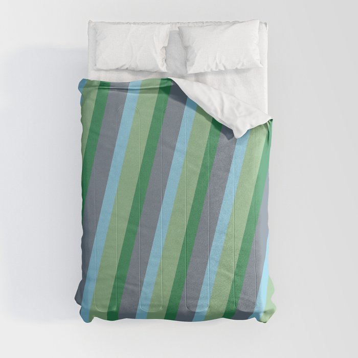 Dark Sea Green, Sea Green, Slate Gray & Sky Blue Colored Striped Pattern Comforter