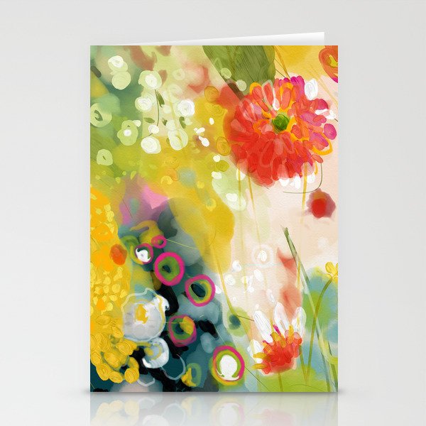 abstract floral art in yellow green and rose magenta colors Stationery Cards