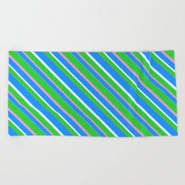 [ Thumbnail: Lime Green, Plum, Blue & Light Cyan Colored Pattern of Stripes Beach Towel ]