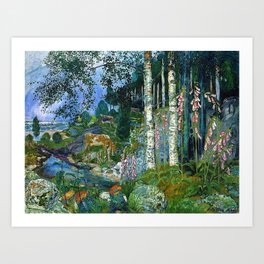 Wilderness Landscape, Wild Foxglove Flowers, White Birch, Stream & Cattle by Nikolai Astrup Art Print