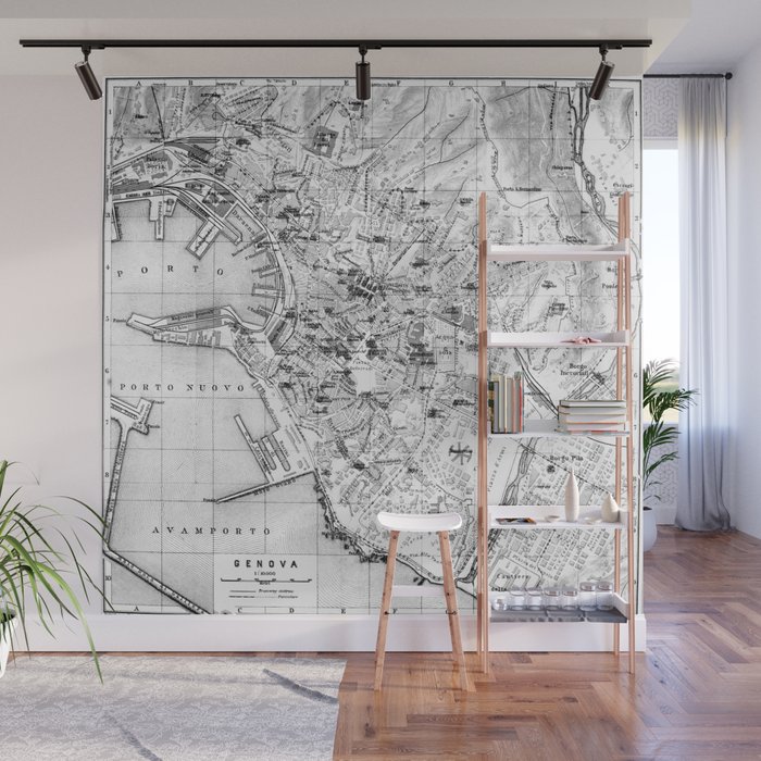 Vintage Map of Genoa Italy (1906) BW Wall Mural