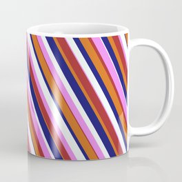 [ Thumbnail: Eyecatching Chocolate, Midnight Blue, Mint Cream, Violet & Brown Colored Lines Pattern Coffee Mug ]