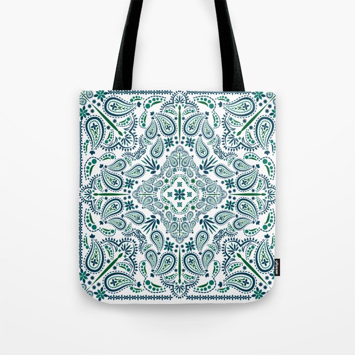 Blue Paisley Mandala Print Mosaic Flower Lover Pattern Tote Bag
