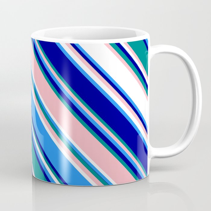 Colorful Blue, Dark Blue, Teal, Light Pink, and White Colored Lines Pattern Coffee Mug
