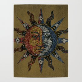 Vintage Celestial Mosaic Sun & Moon Poster
