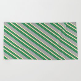 [ Thumbnail: Tan, Sea Green, and Dark Gray Colored Stripes/Lines Pattern Beach Towel ]