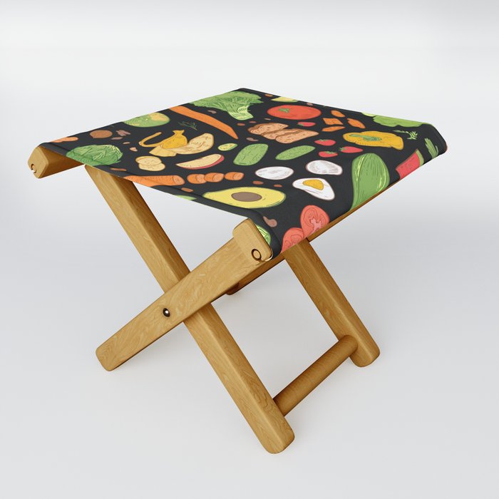 Seamless pattern with dietary food, wholesome grocery products, natural organic fruits, berries and vegetables on black background. Hand drawn realistic vintage illustration Folding Stool