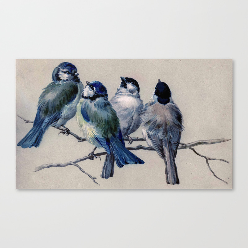 Vintage Cute Blue Birds On Branch Canvas Print By Vintagebirds