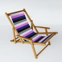 [ Thumbnail: Colorful Orchid, Midnight Blue, Black, Grey, and Lavender Colored Pattern of Stripes Sling Chair ]