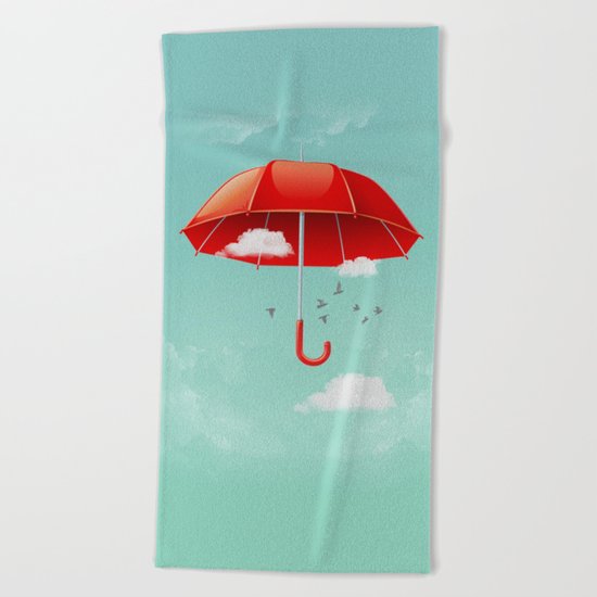 Teal Sky Red Umbrella Beach Towel