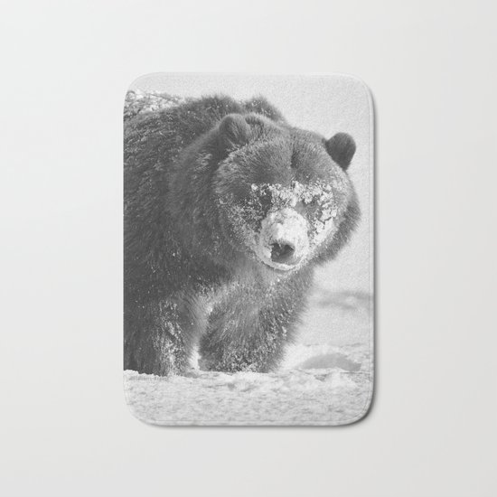 Alaskan Grizzly Bear in Snow, B & W - 3 Bath Mat