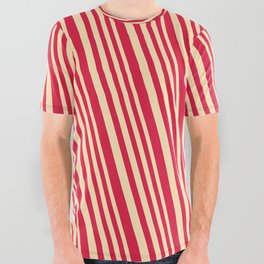 [ Thumbnail: Beige and Crimson Colored Lined Pattern All Over Graphic Tee ]