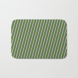[ Thumbnail: Eye-catching Tan, Dark Grey, Midnight Blue, Chartreuse, and Black Colored Stripes/Lines Pattern Bath Mat ]