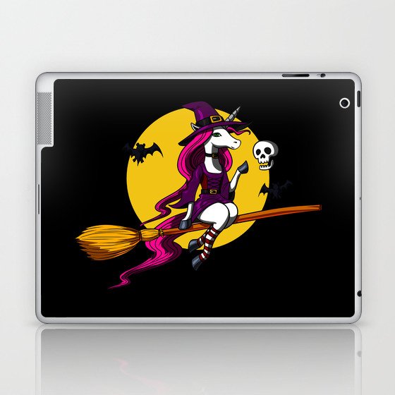 Unicorn Witch Riding Broom Halloween Laptop & iPad Skin