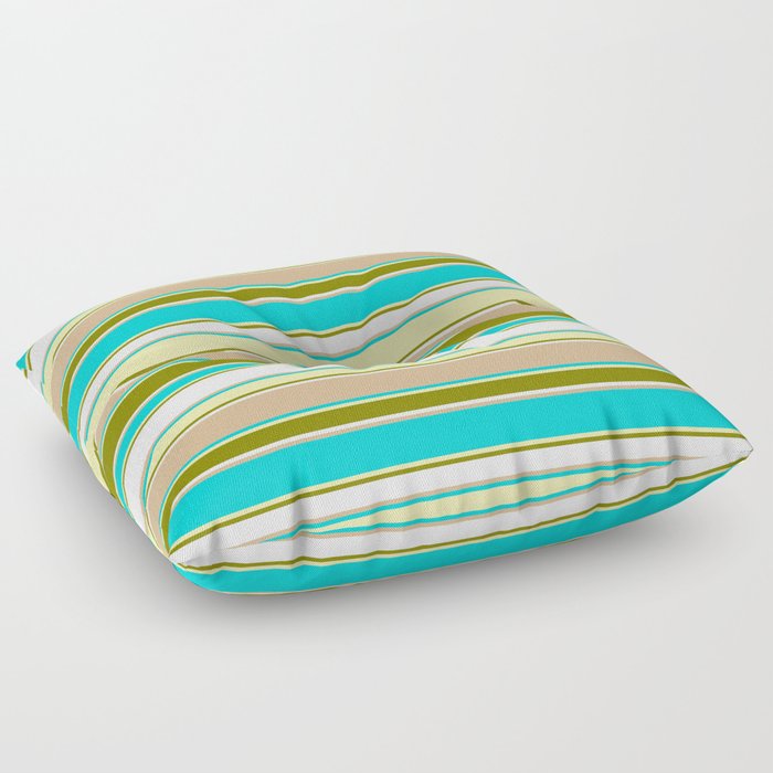 Colorful Dark Turquoise, Pale Goldenrod, Green, Mint Cream & Tan Colored Lined/Striped Pattern Floor Pillow