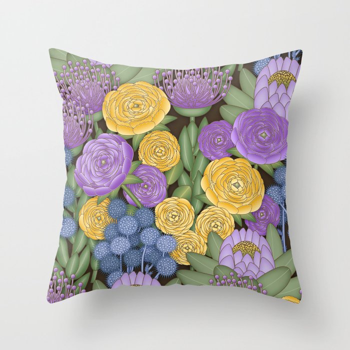 Romantic Bohemian Floral and Thistle Pattern // Purple, Lavender, Sage, Green, Brown, Yellow, Blue Throw Pillow