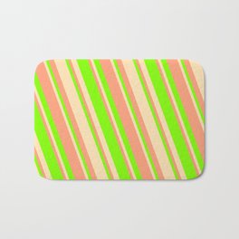 [ Thumbnail: Beige, Light Salmon & Chartreuse Colored Stripes Pattern Bath Mat ]