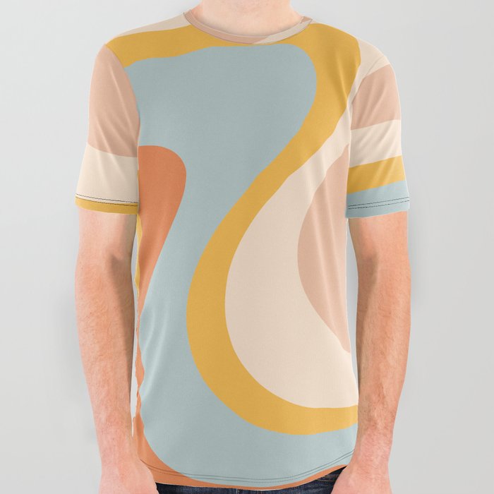 Retro Dream Abstract Swirl Pattern Pastel Apricot Buff Ice Blue Mustard All Over Graphic Tee