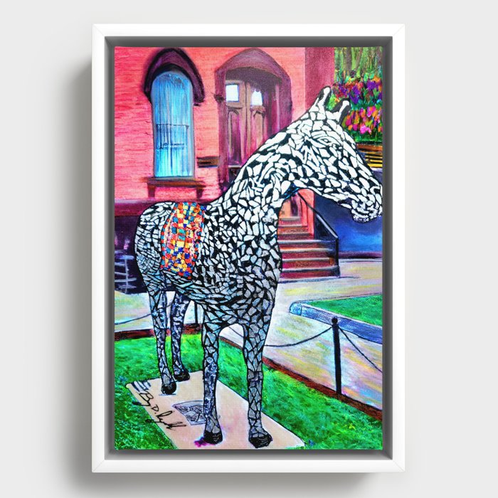 SARATOGA PAINT - Saratoga Springs - Racehorse Statues on Broadway - Original Art - by #DarkMountainArts Framed Canvas