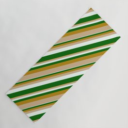 [ Thumbnail: Dark Goldenrod, Tan, Mint Cream & Dark Green Colored Lined/Striped Pattern Yoga Mat ]