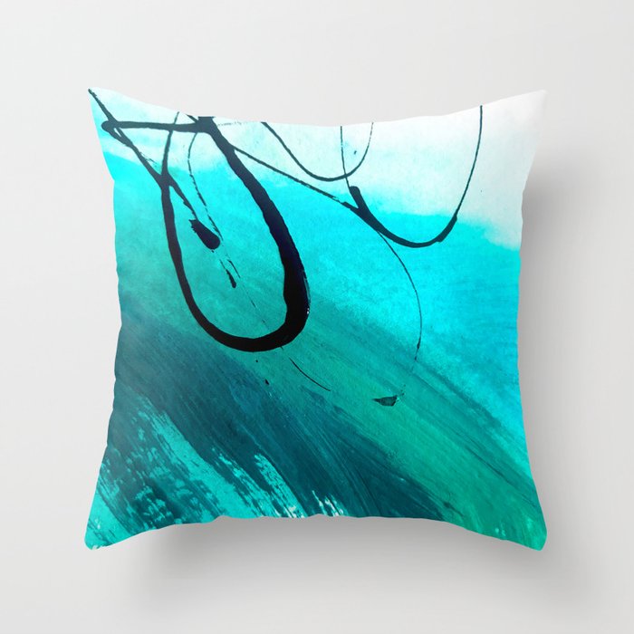 Moving On: an abstract mixed media piece in blue, greens, black and white by Alyssa Hamilton Art Throw Pillow