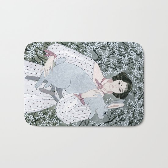 Girl and rabbit among flowers Bath Mat