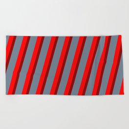 [ Thumbnail: Red, Dark Red & Slate Gray Colored Lines/Stripes Pattern Beach Towel ]
