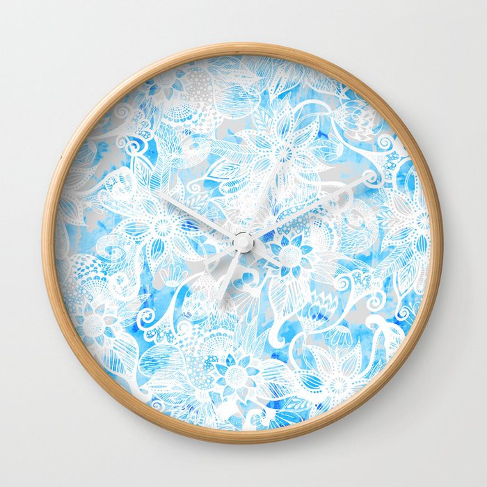 Floral Drawing in Cool Blue Watercolor and White Wall Clock