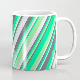 [ Thumbnail: Green, Light Green, Lavender, and Dim Gray Colored Stripes/Lines Pattern Coffee Mug ]