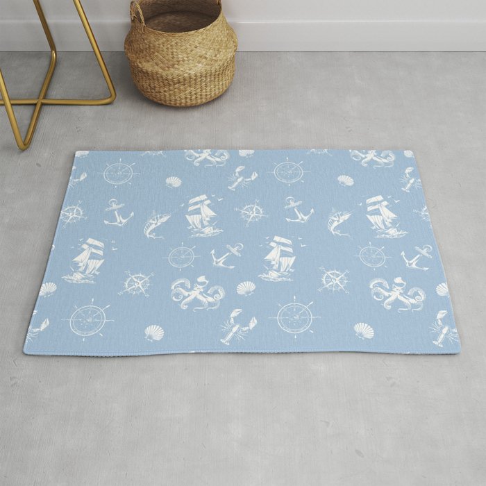 Pale Blue And White Silhouettes Of Vintage Nautical Pattern Rug