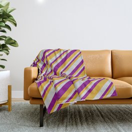 [ Thumbnail: Light Gray, Purple & Goldenrod Colored Lines Pattern Throw Blanket ]