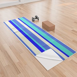 [ Thumbnail: Royal Blue, Turquoise, Blue & Beige Colored Lined Pattern Yoga Towel ]