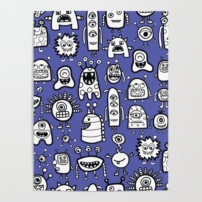 Cute Monsters White Blue Kids Pattern Poster